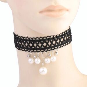 Cute Pearl Star Choker, Pearl Choker, Black Net Choker